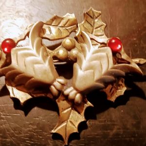 DanaCraft Red Holly with leaf Brooch.